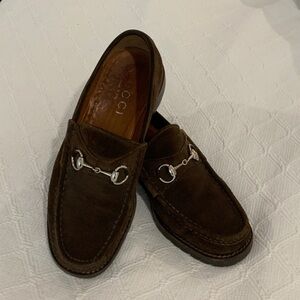 Gucci Men's Dark Brown Suede Horsebit Loafers with Silver Accents